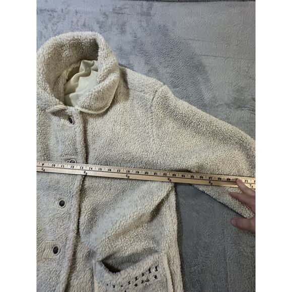 Tudor Court Sherpa Fleece Jacket L Beige Snap Button Pockets Embroidered Boho - Picture 8 of 9